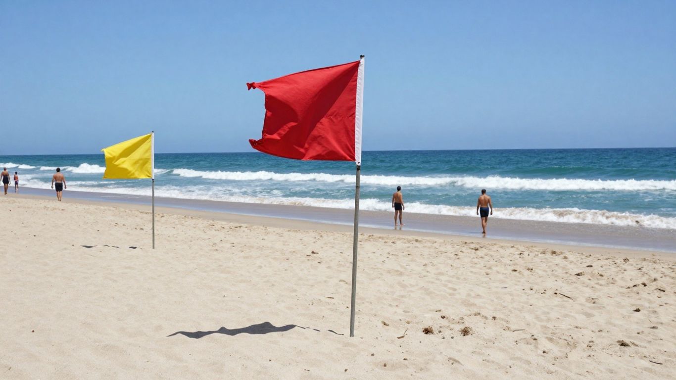 Beach flags: red for danger, yellow for caution.