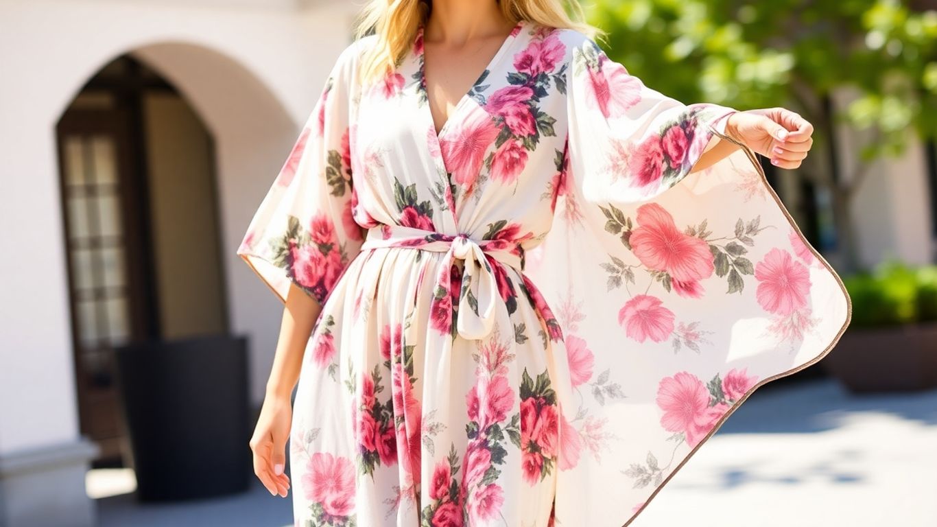 Woman in floral summer kimono dress outdoors