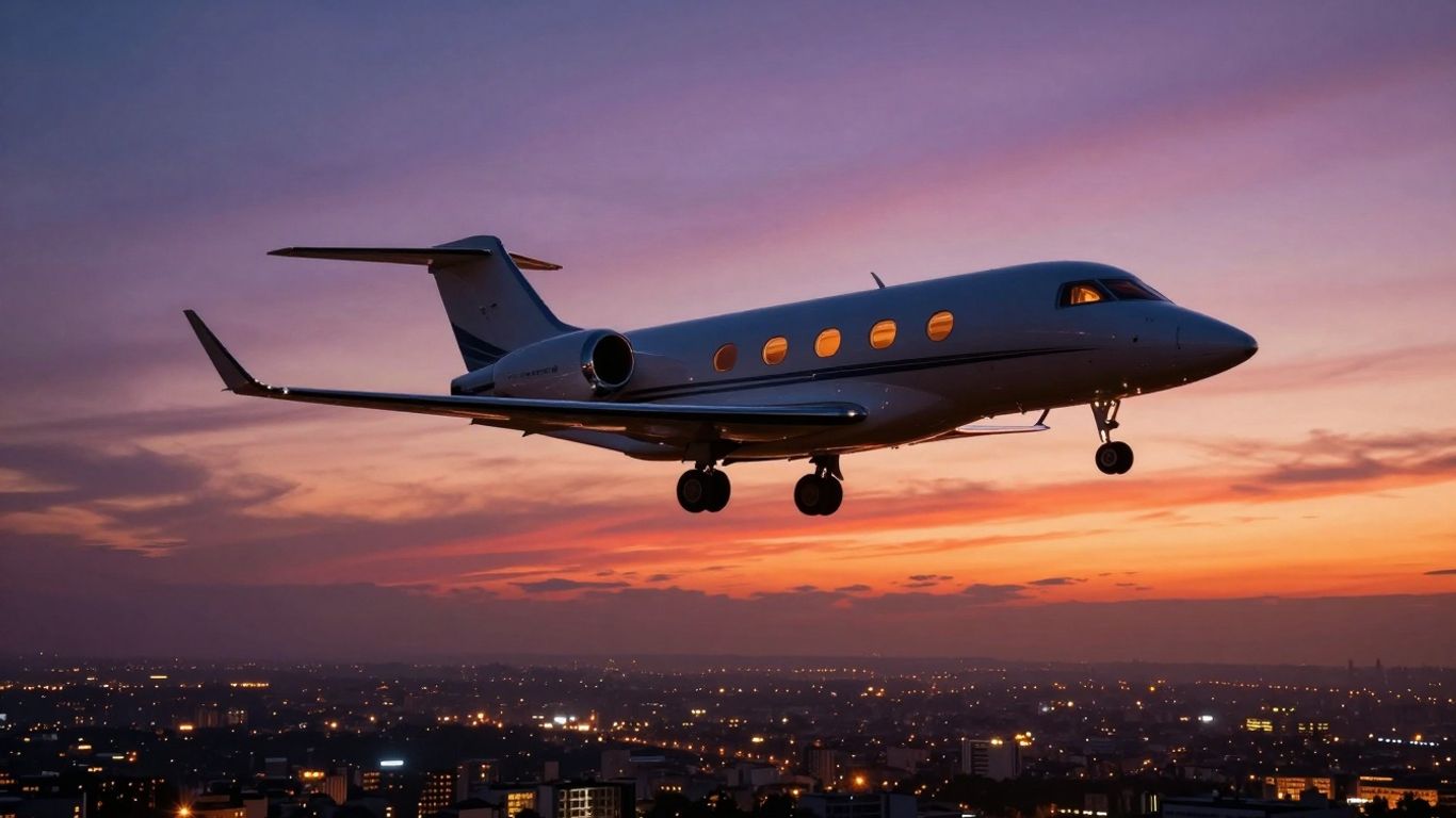 Private jet flying over a city at sunset.