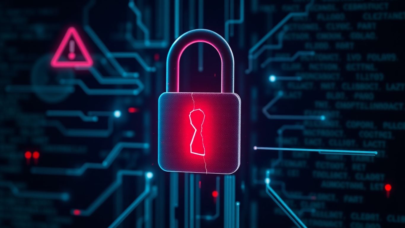Digital lock with crack and alert icon.