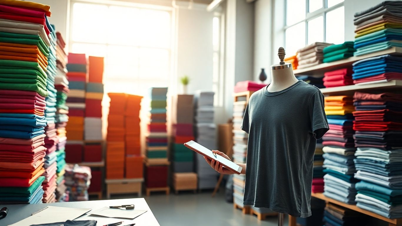 Designer sketching t-shirt ideas in a bright studio.