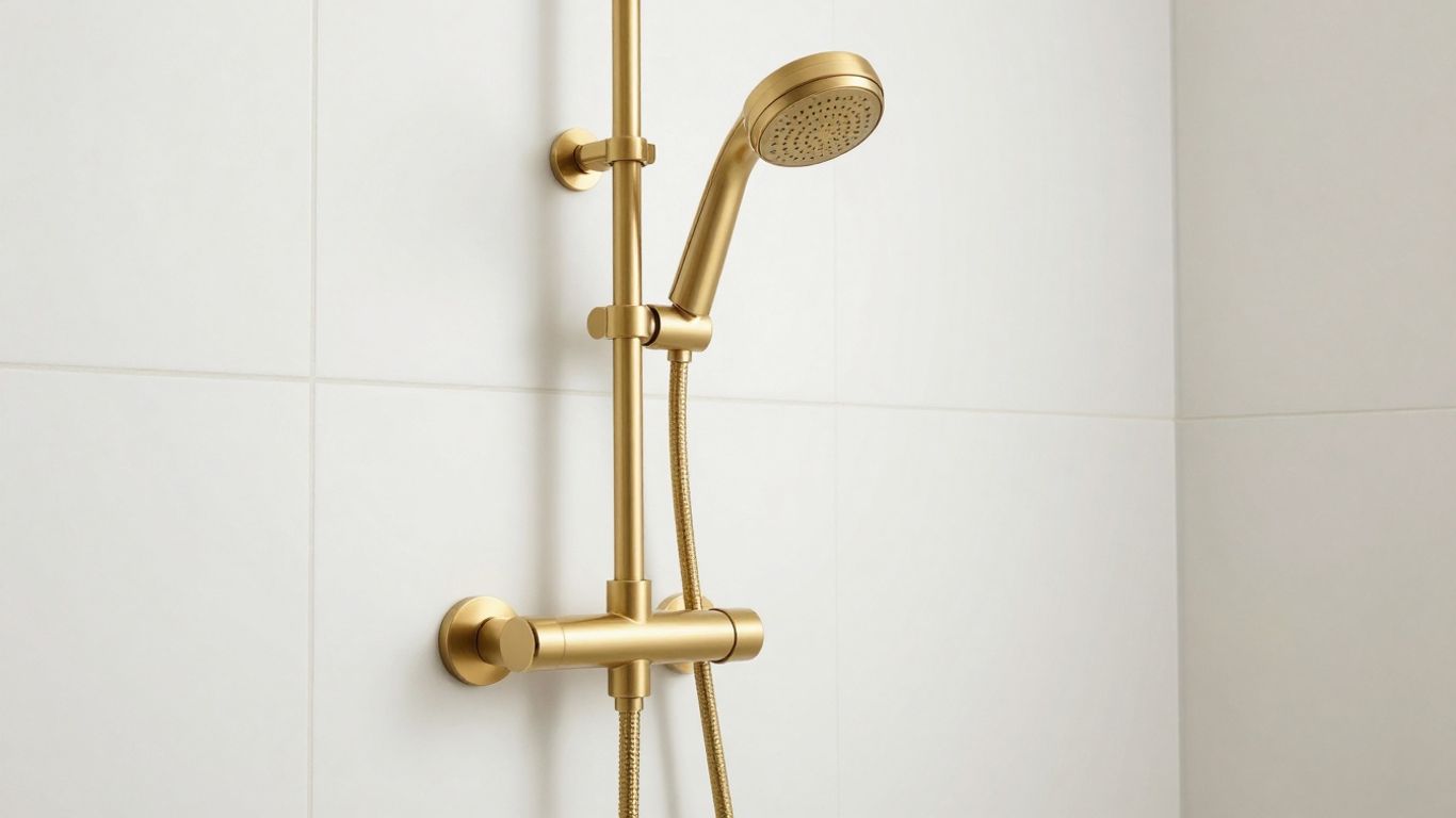 Brushed gold shower set in a modern bathroom.