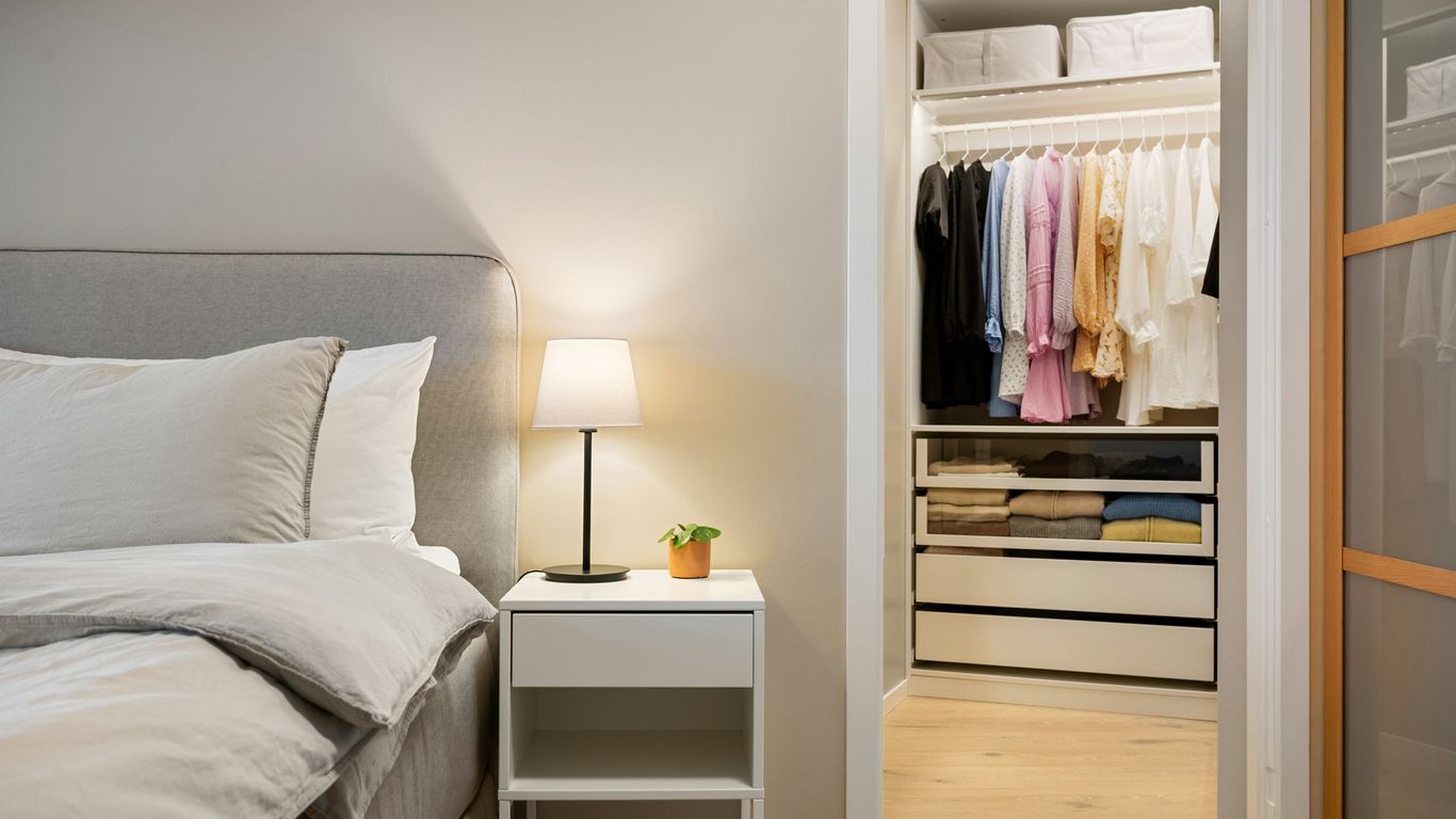 A bedroom with a bed and a closet