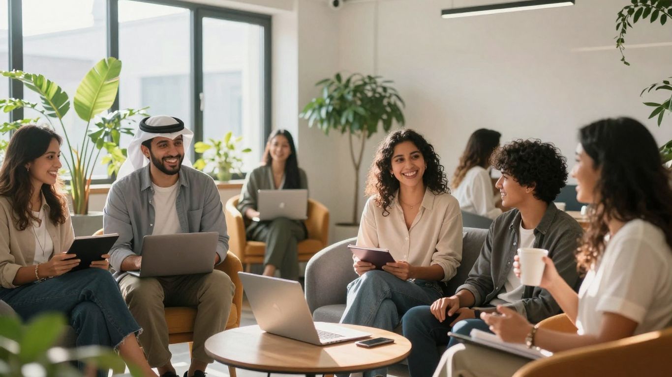 Vrolijke werknemers in een lichte, positieve kantooromgeving.