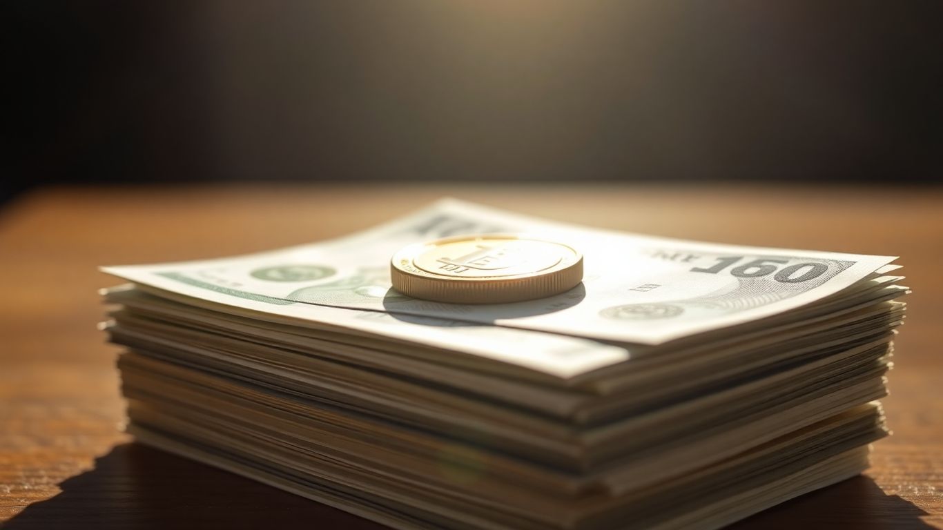 Golden coin atop stacked banknotes, financial prosperity.