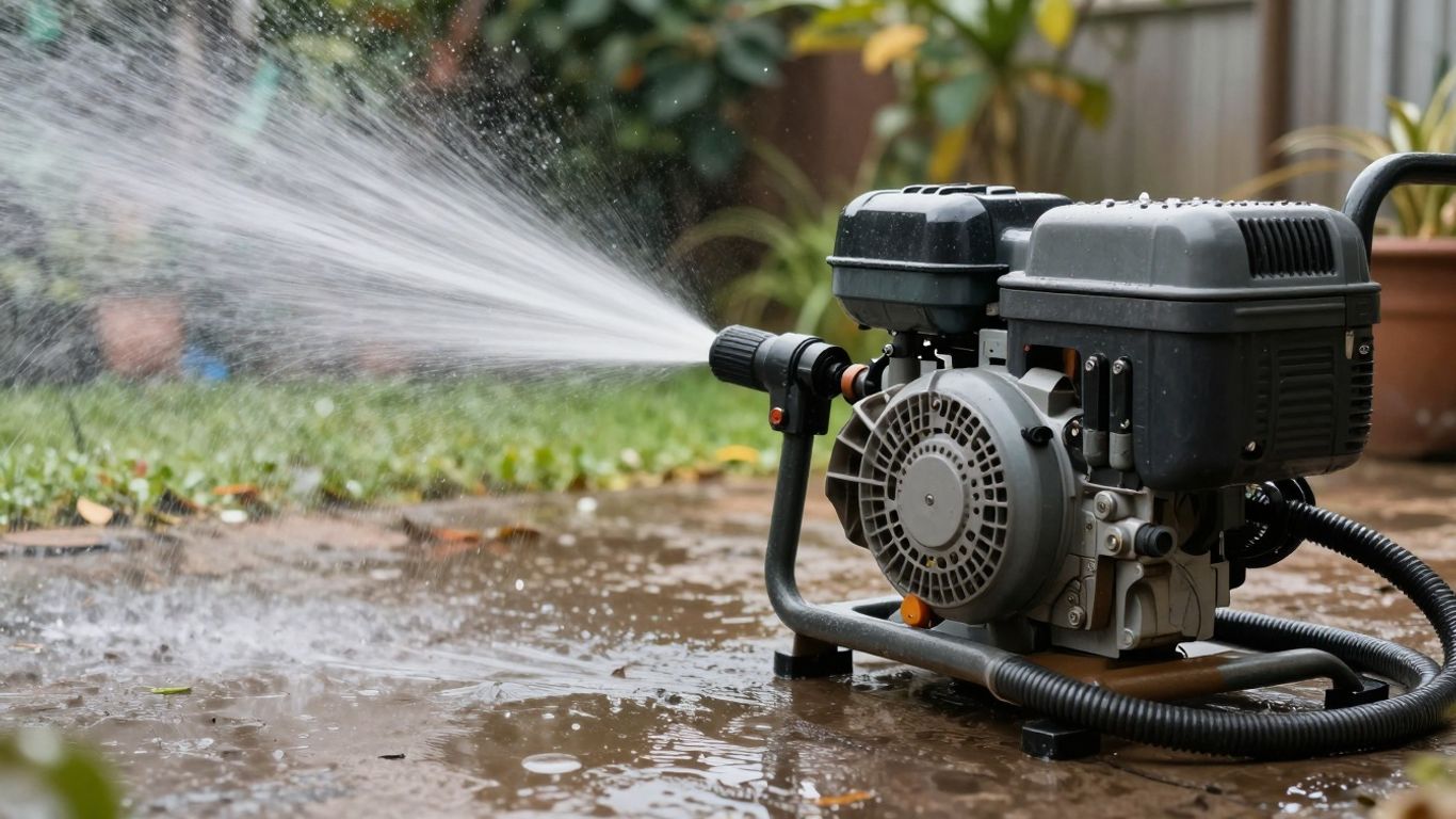 Petrol jet wash cleaning a dirty patio with high-pressure water.
