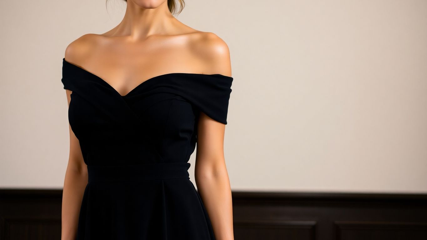 Woman in an elegant off-shoulder black cocktail dress.