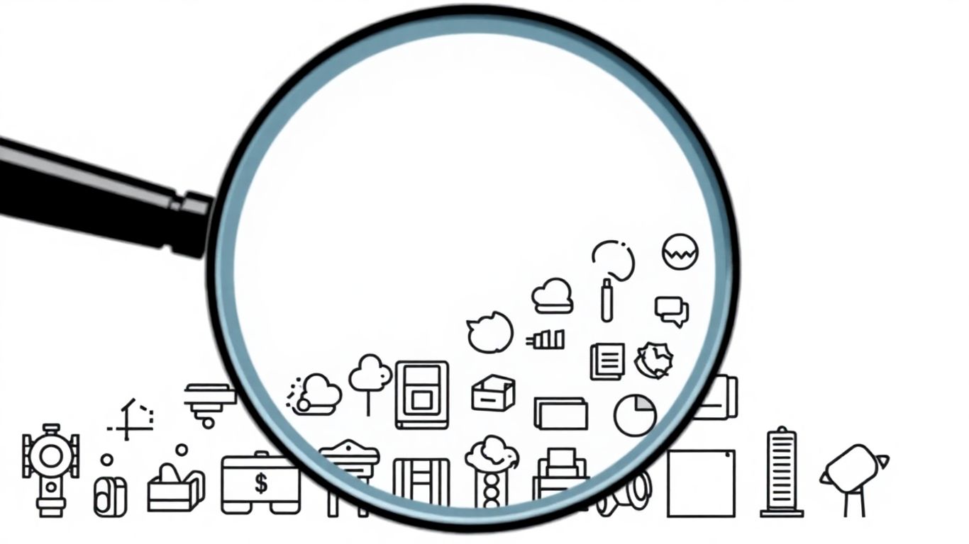 Magnifying glass over business growth icons on white background.