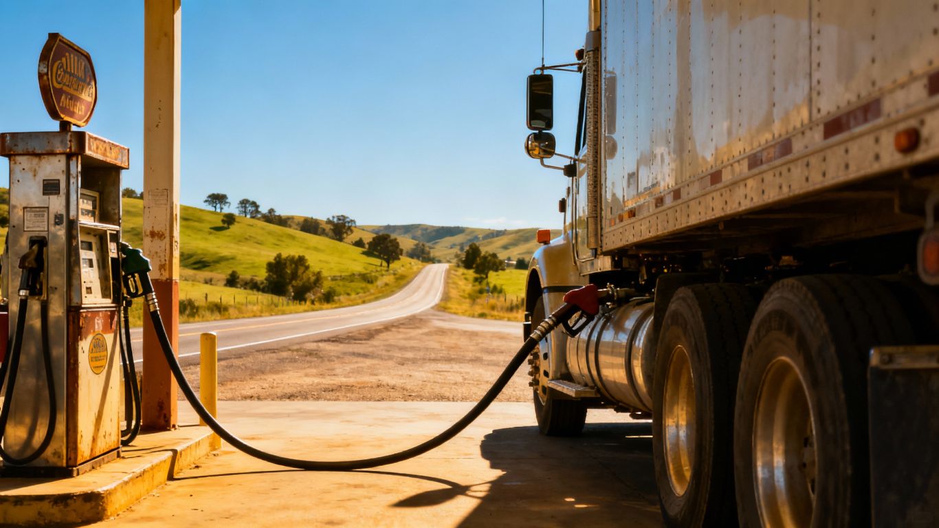 Truck fueling at rural station with open road