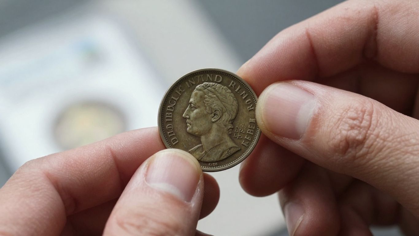 Collector's hands holding a unique, antique coin.