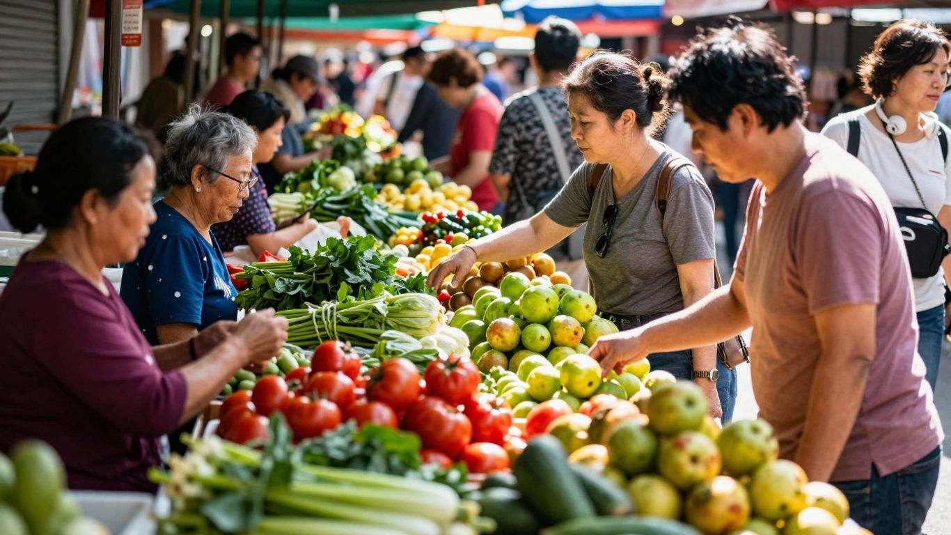 Oameni la o piață locală plină de produse proaspete.