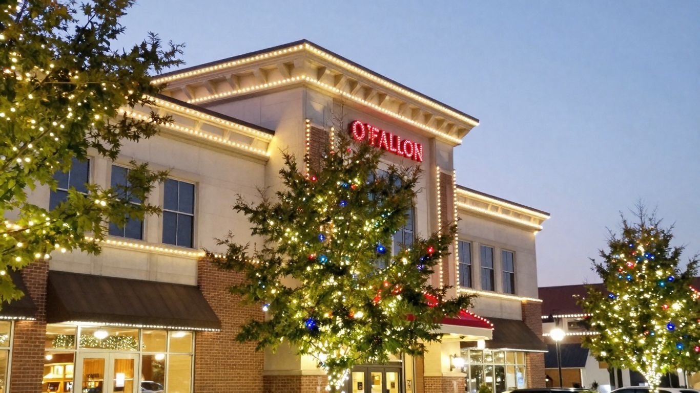 Commercial building illuminated with festive Christmas lights.