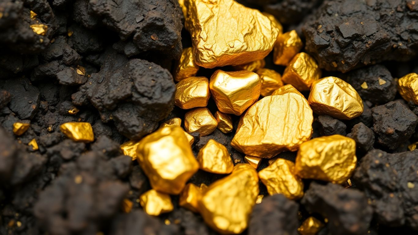 Raw gold nuggets mixed with dark rocks.