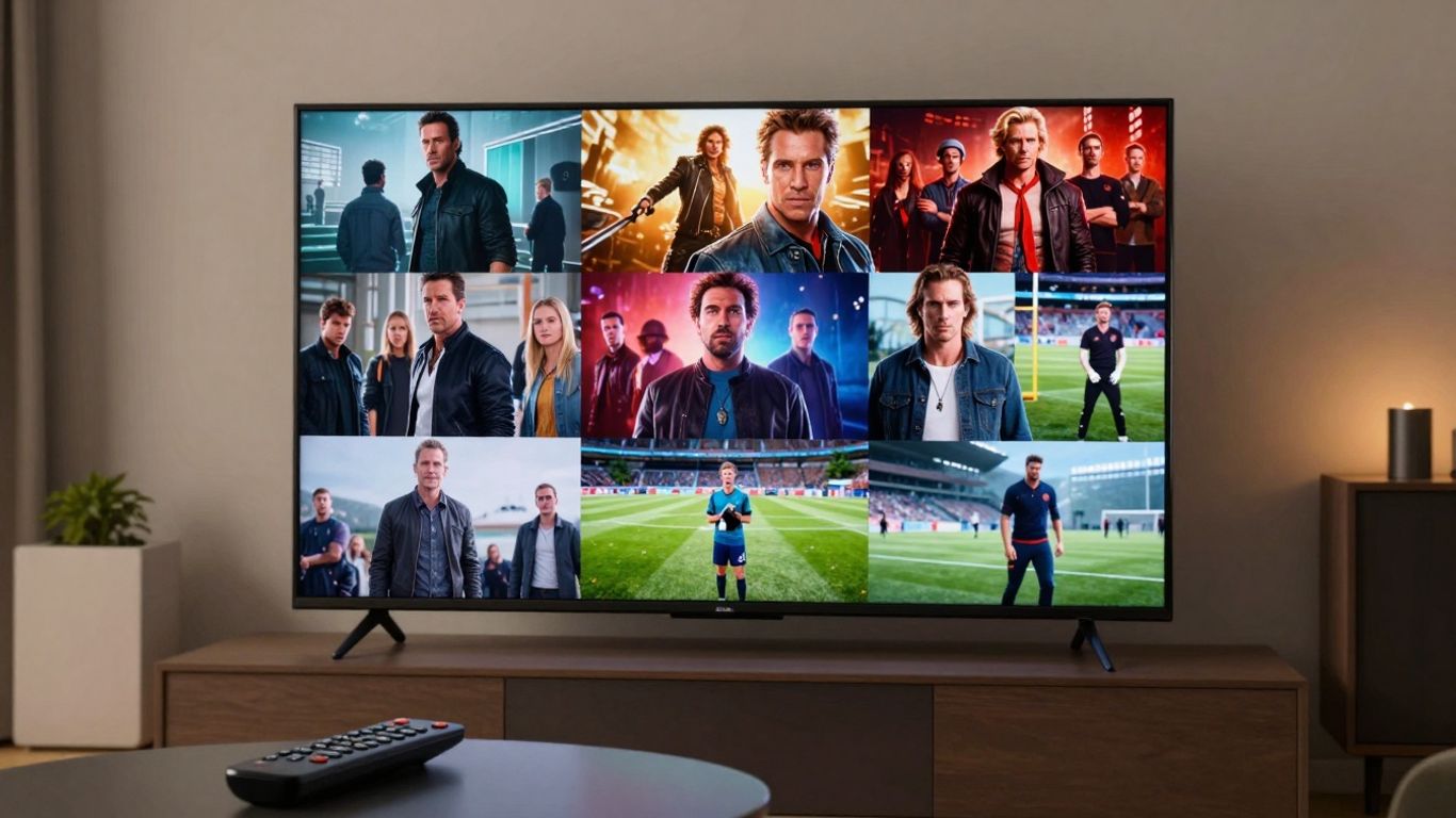Vibrant TV screen with movie and sports highlights.