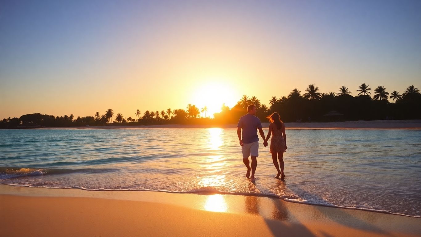 Plaża o zachodzie słońca z parą spacerującą brzegiem.