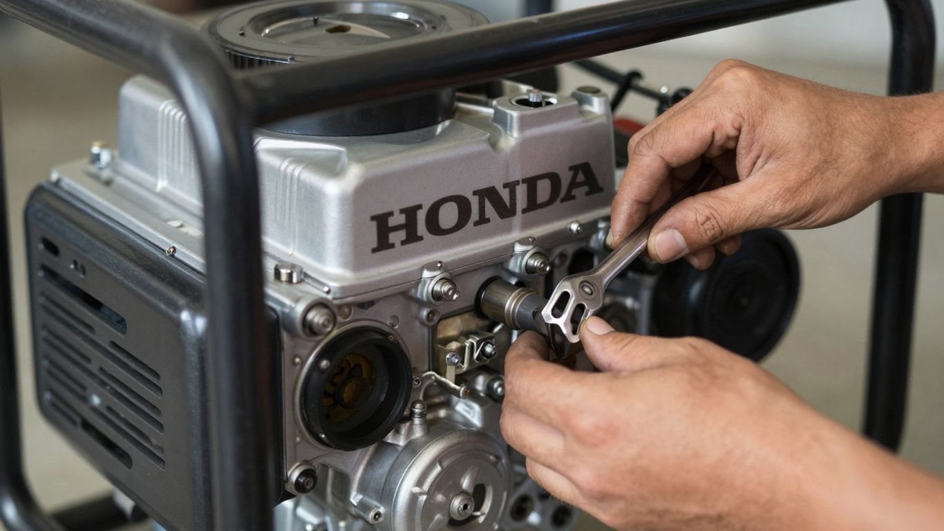 Mechanic servicing a Honda generator engine.
