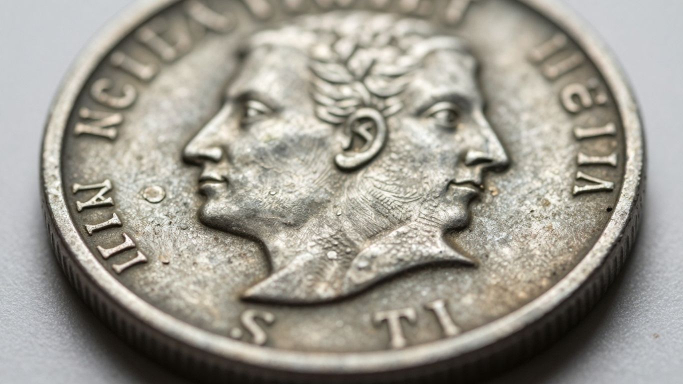 Close-up of a coin with a ridged edge.