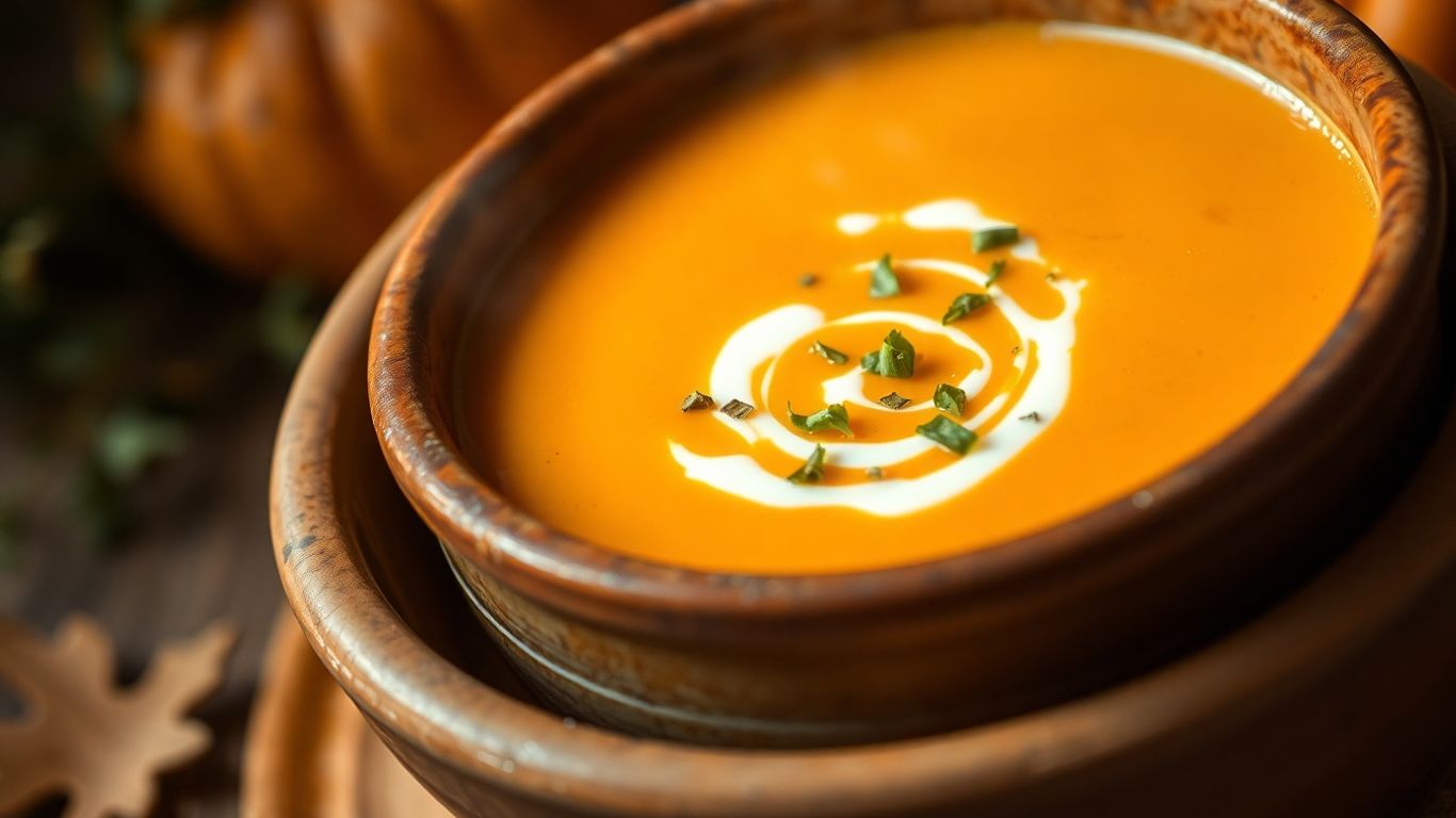 Creamy pumpkin soup in a bowl with cream swirl and herbs.