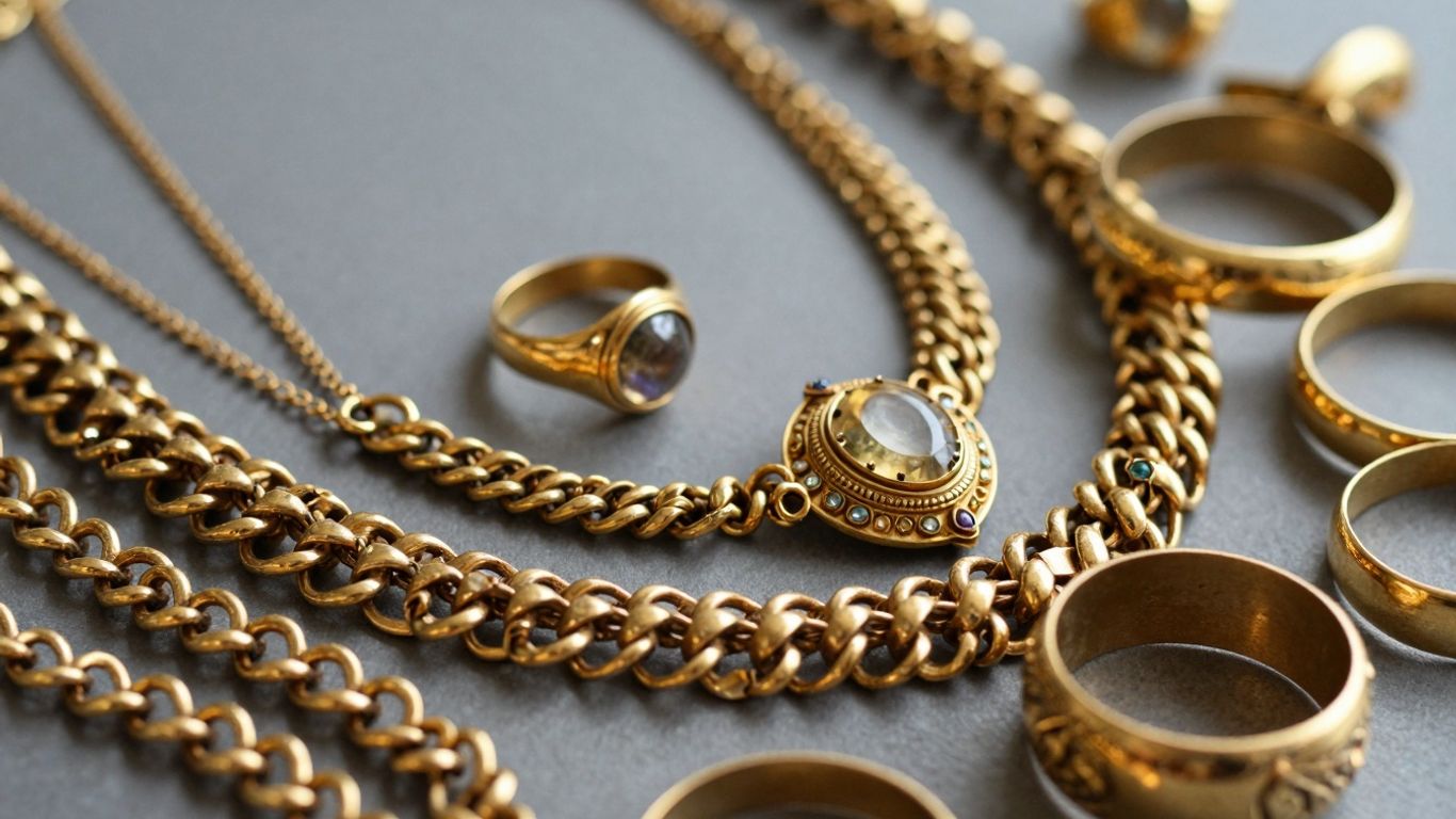Collection of antique gold necklaces, rings, and bracelets.