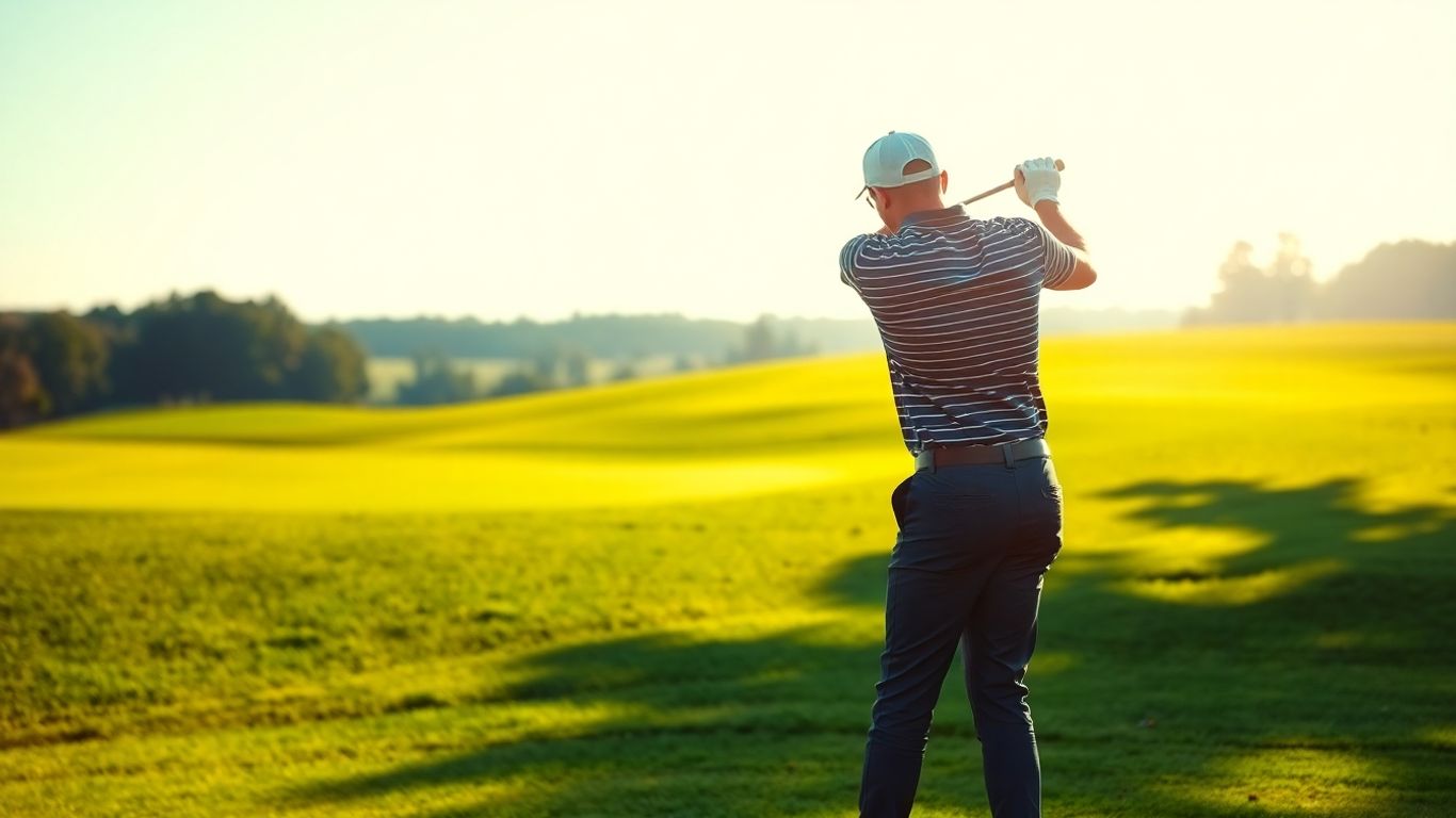 Golfer concentrating during a swing on a sunny course.
