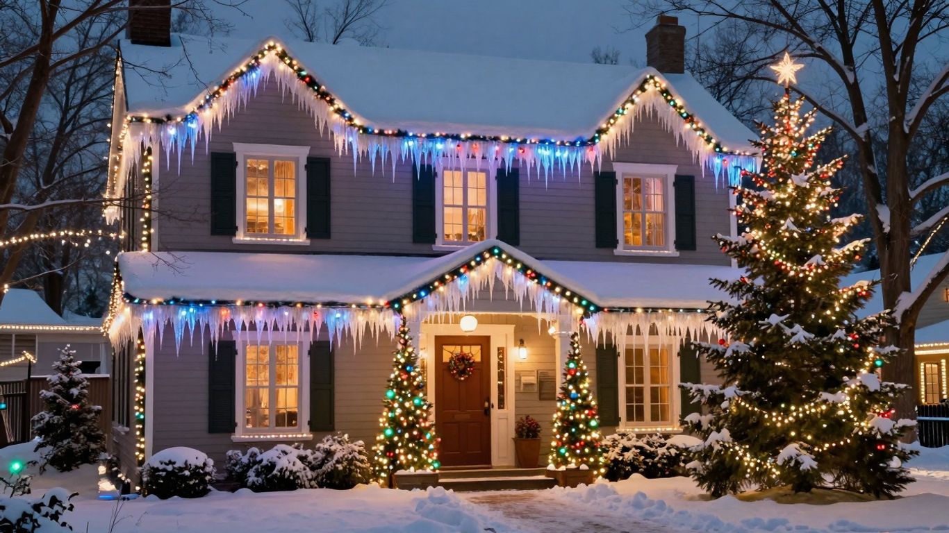 House decorated with colorful Christmas lights at night.
