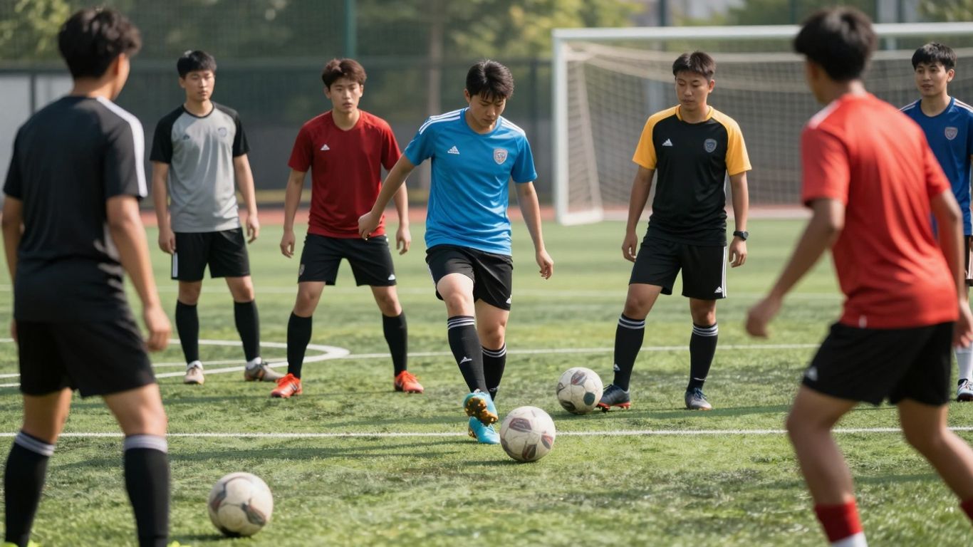 Echipă de fotbal formată pe teren verde.