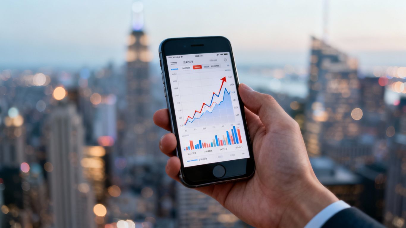 Financial chart on a smartphone with cityscape background.