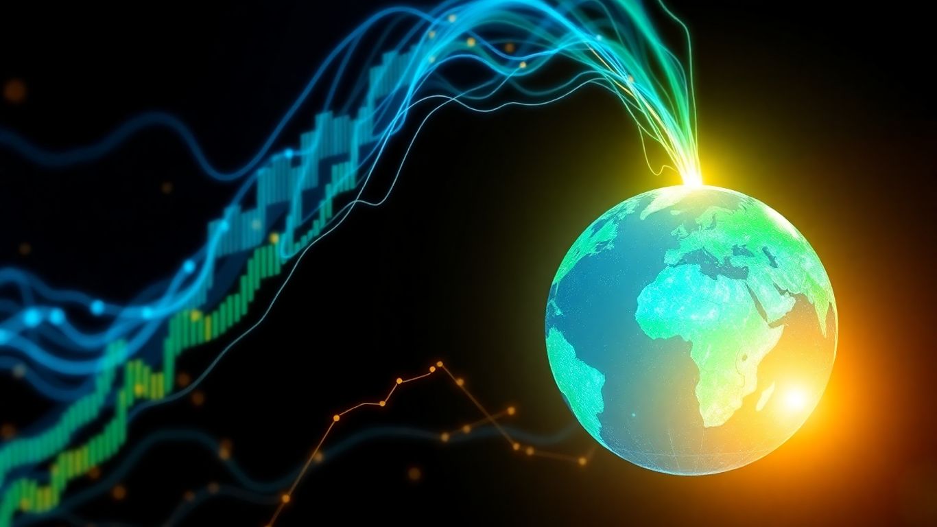 Abstract economic data streams forming a glowing globe.