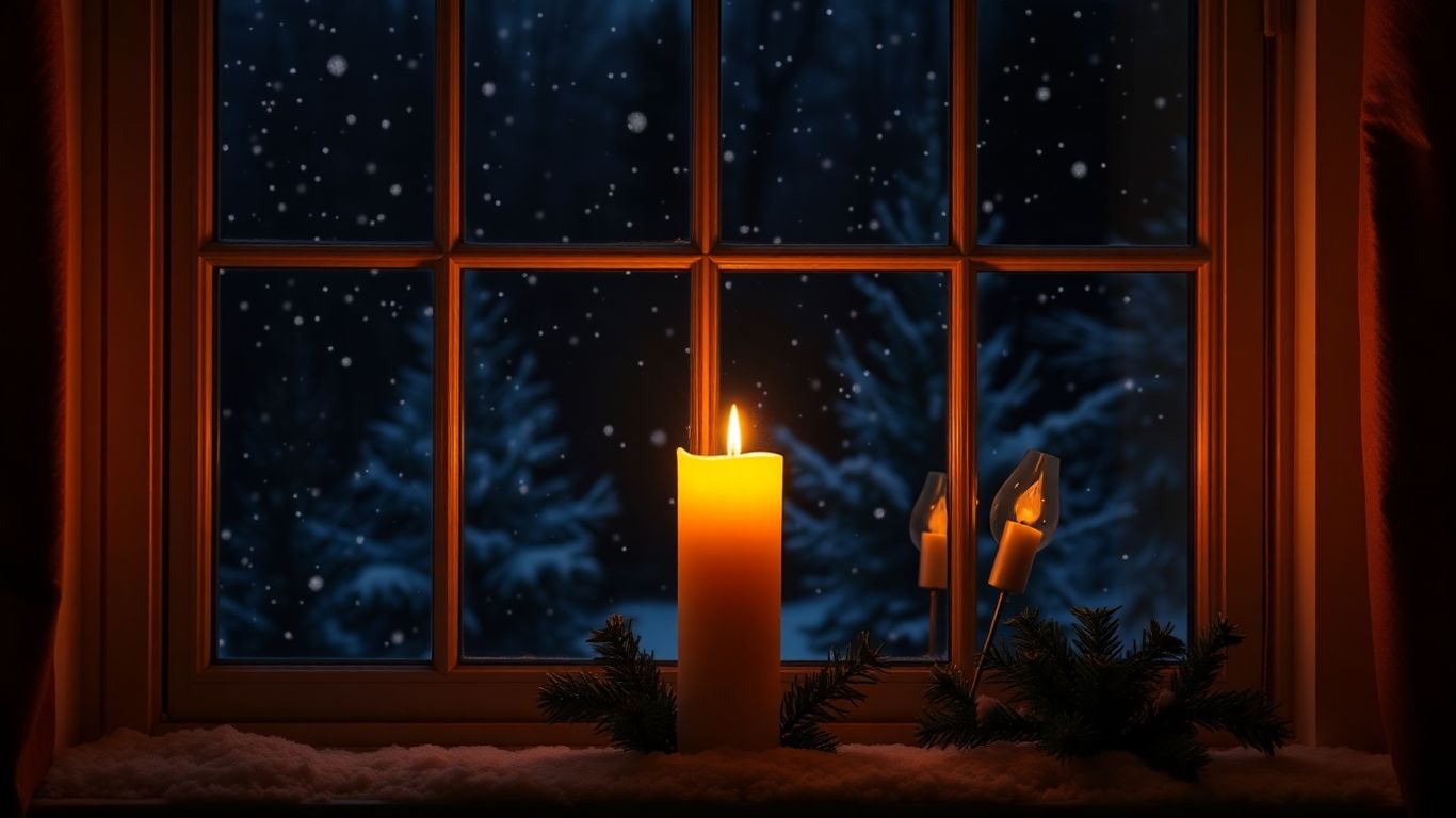 Christmas window candle light glowing warmly.