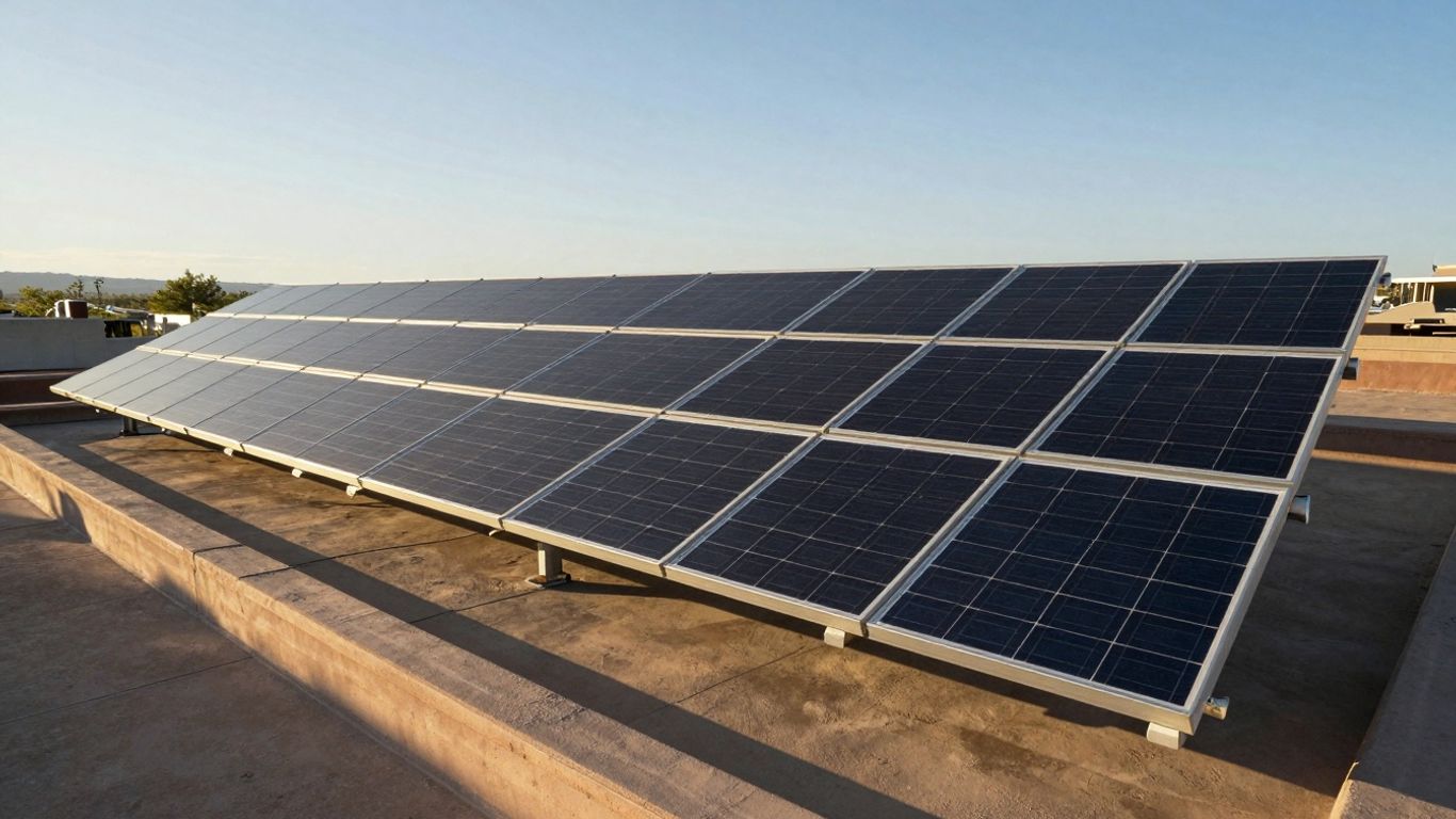 Large-Scale Rooftop Solar Panel Array Installed On A Flat Industrial Roof Under A Clear Blue Sky For The New Mexico Solar Tax Credit.