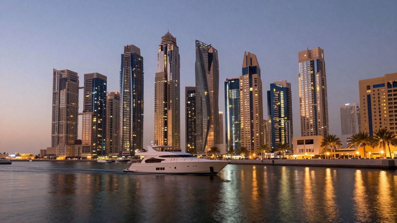 Dubai skyline with skyscrapers and a yacht at sunset.