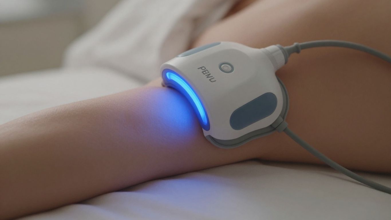 PEMF device on arm emitting blue light.