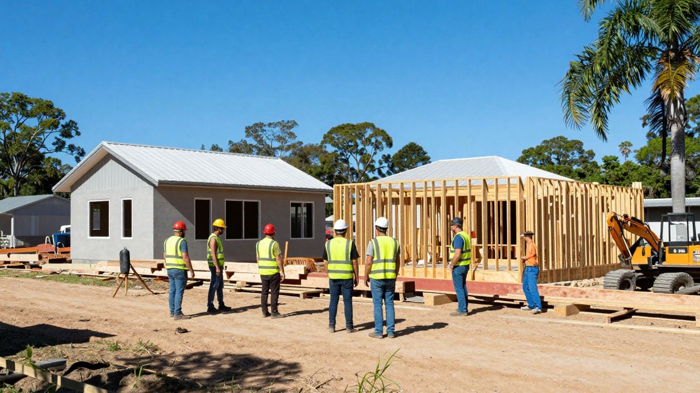 Queensland building site with homes, workers, tropical setting