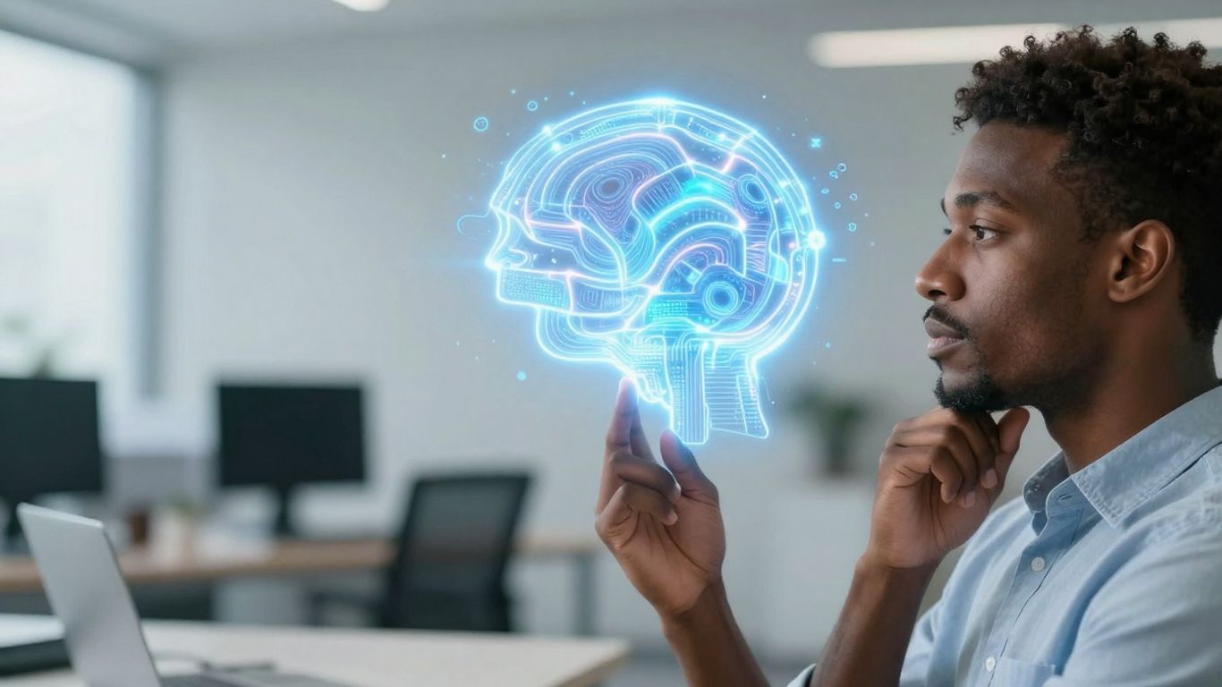 Person looking at abstract AI visualization.