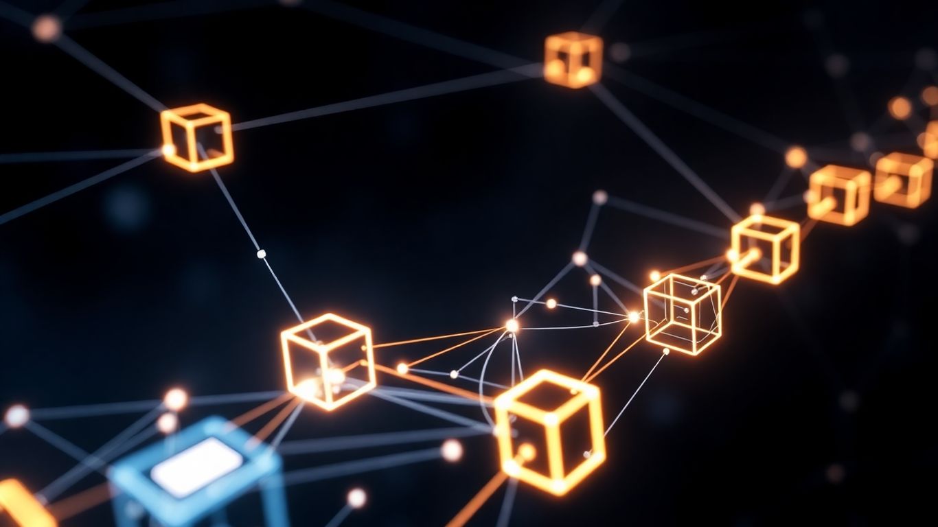 Abstract glowing blockchain network with interconnected digital blocks.