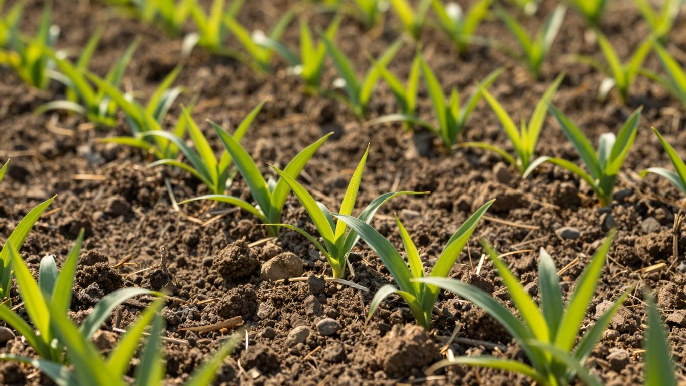 Campo con cultivos creciendo en tierra fértil bajo el sol.
