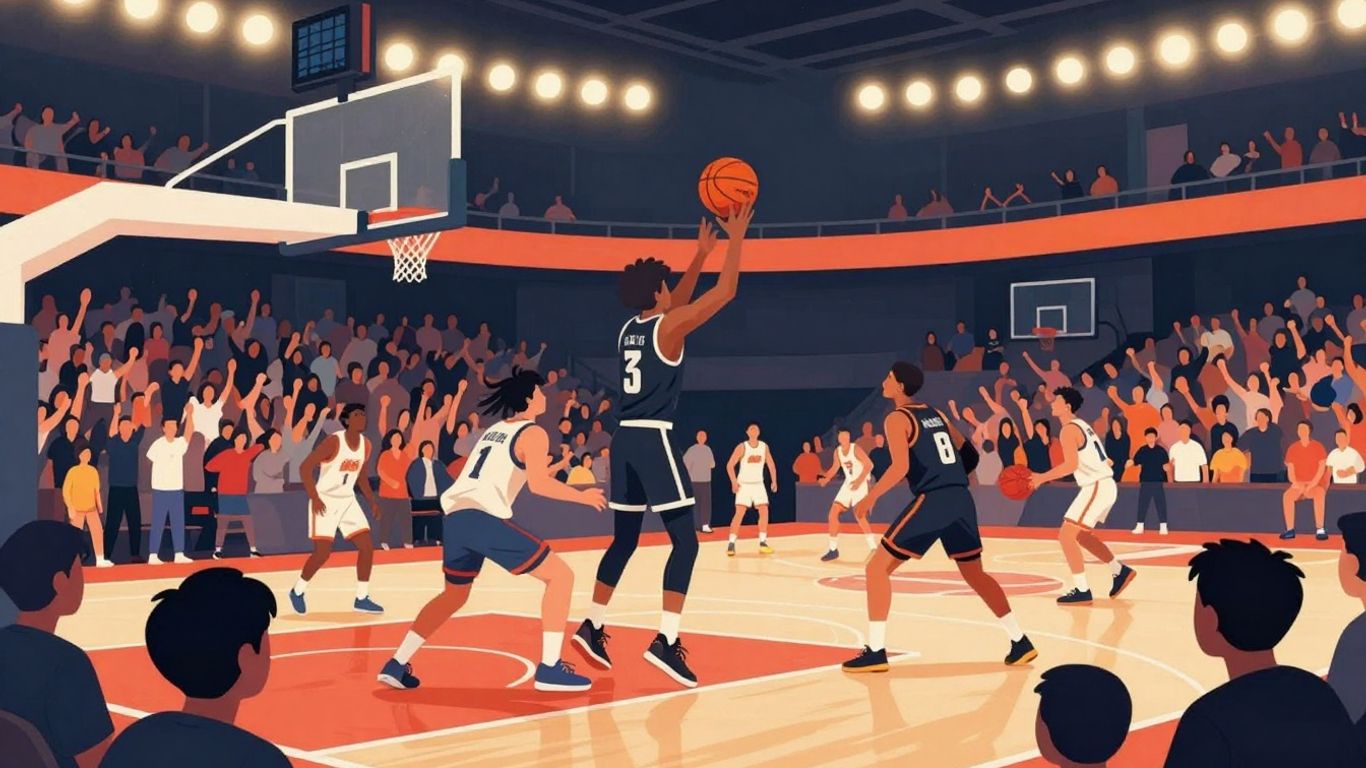 Illustrative basketball game with players and cheering crowd.