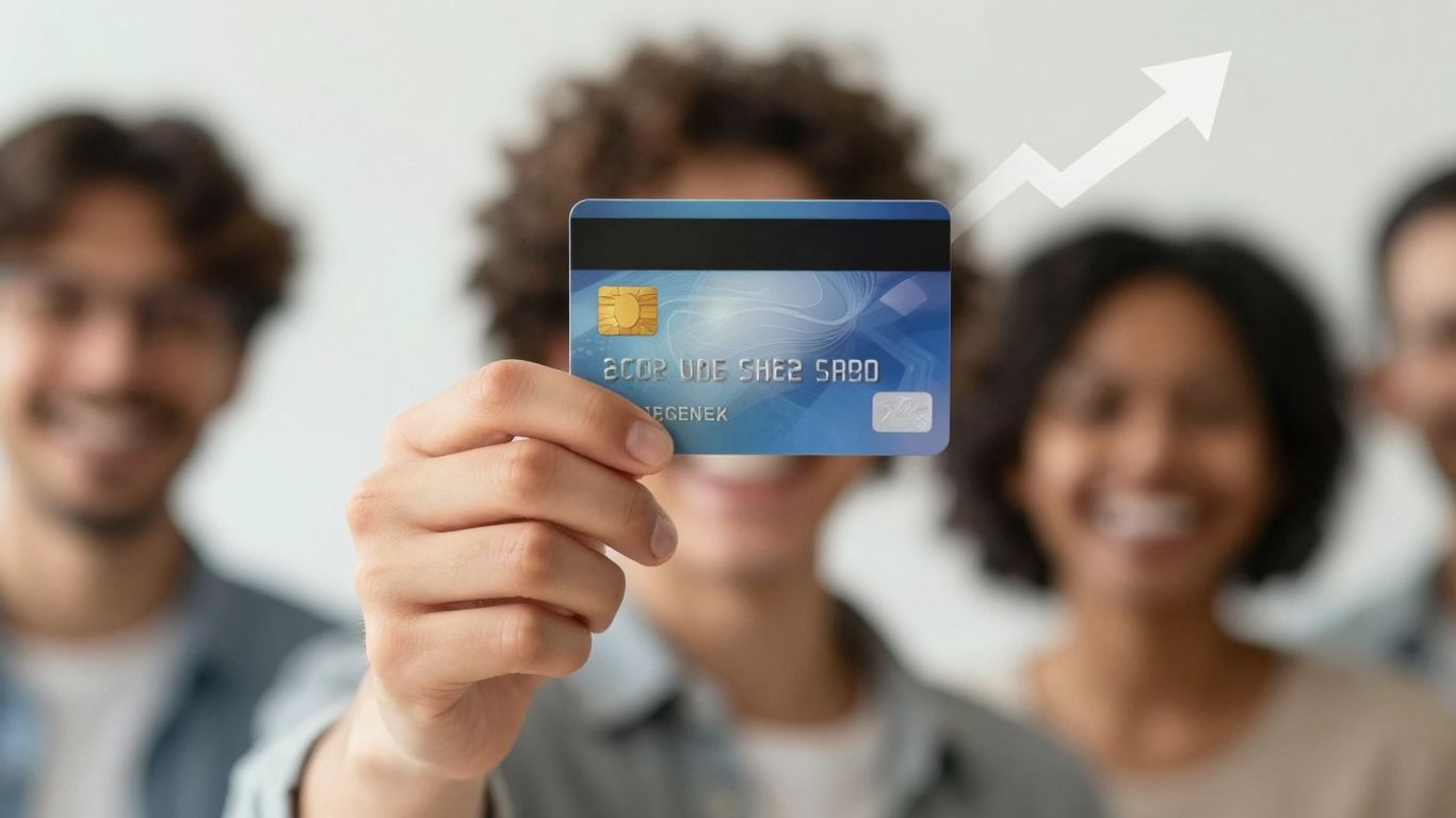Person holding credit card with upward arrow.