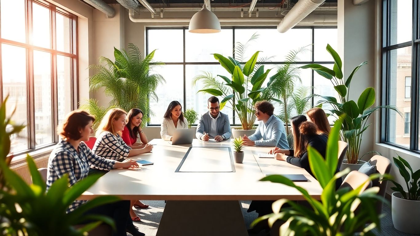 Digital marketing team collaborating in a modern office.
