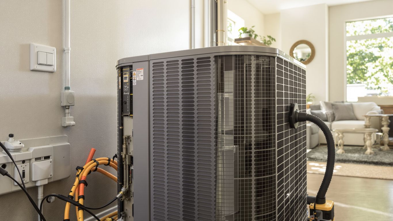HVAC unit and technician in a home.