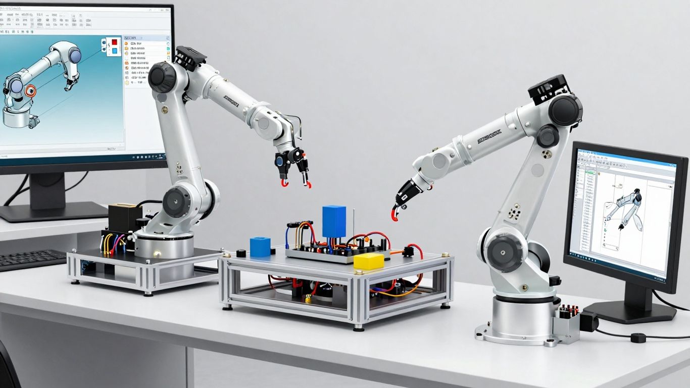 Mechatronics prototype station with robotic arms and SOLIDWORKS.