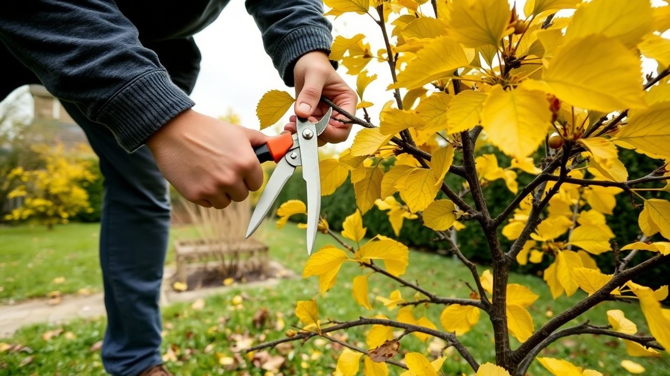 Person schneidet Obstbaum im herbstlichen Garten