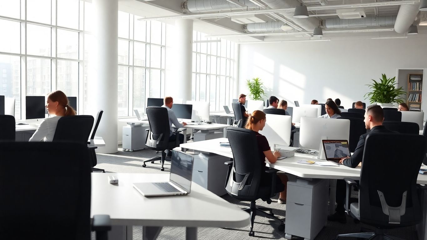 Büro mit modernen Arbeitsplätzen und Tageslicht.