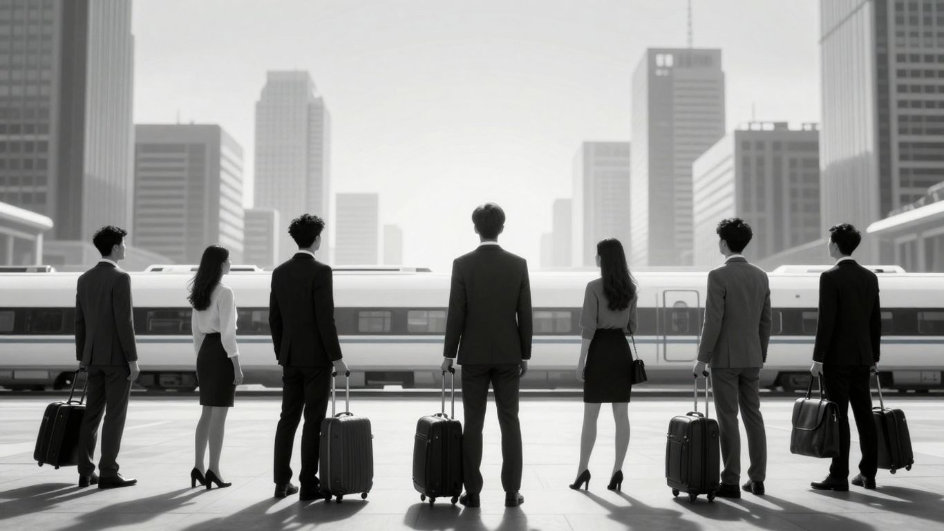 Expats in a city with travel bags and futuristic transport.