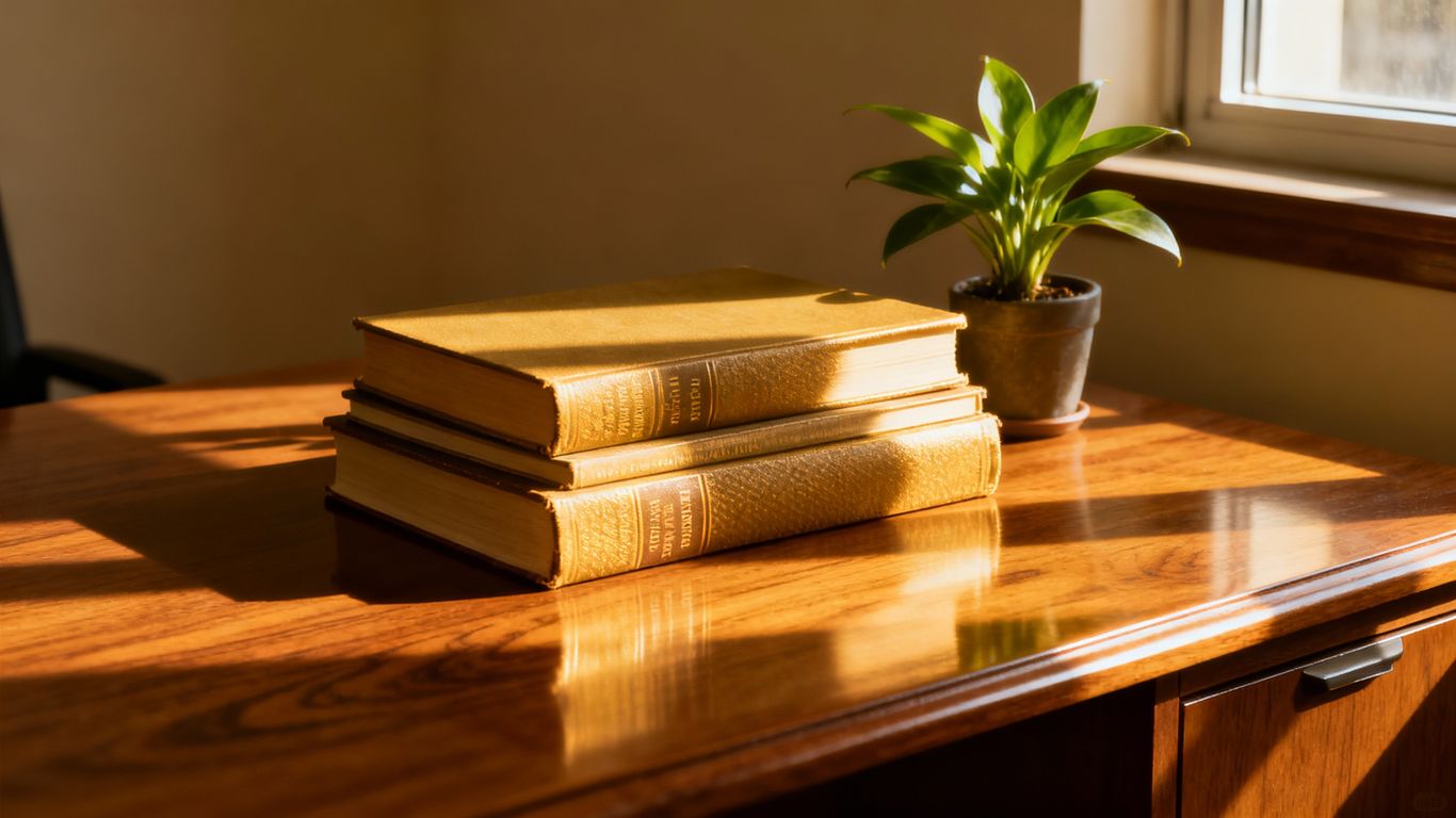 Stack of finance books on a wooden desk.