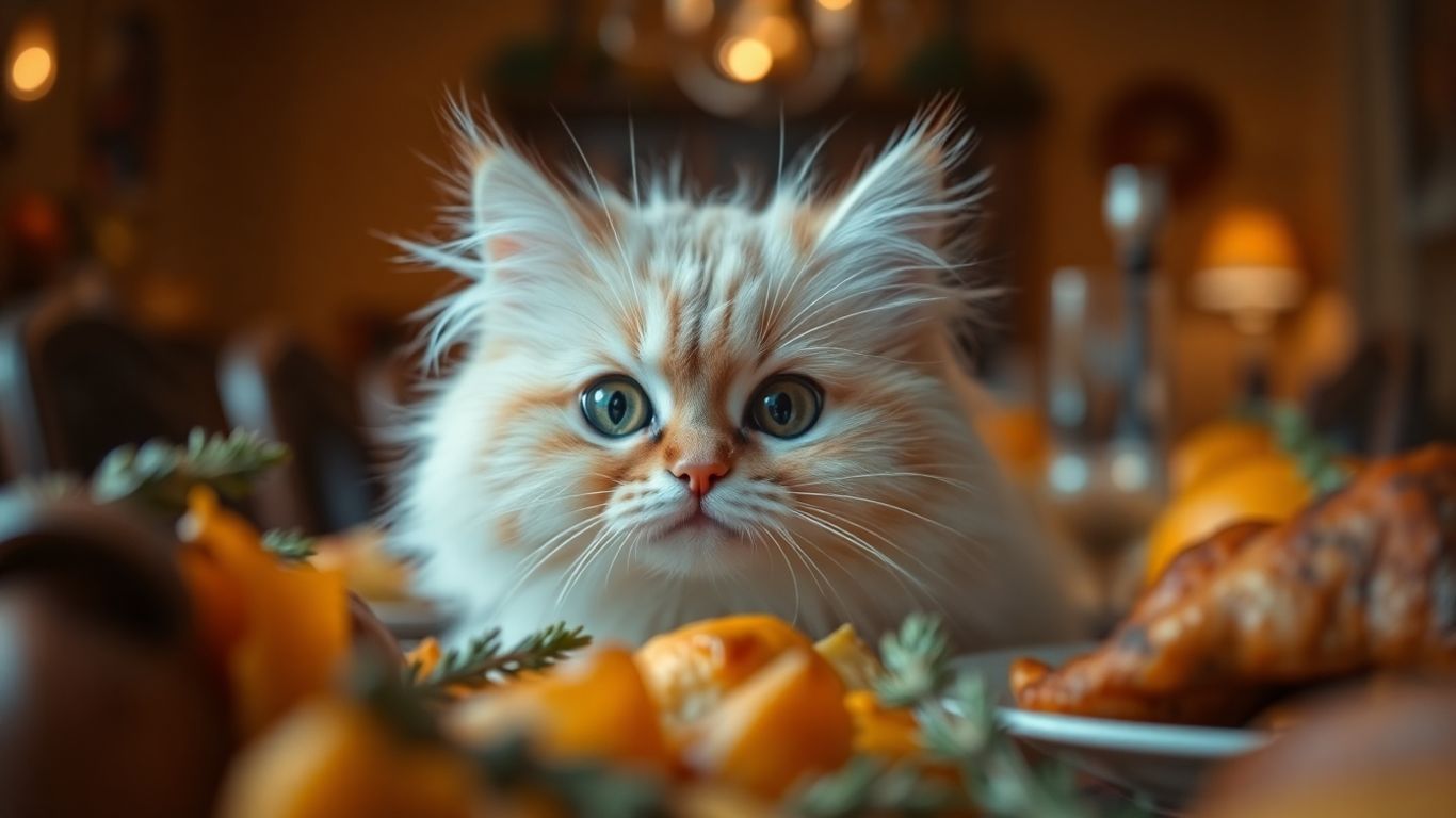 Cat curiously eyeing Thanksgiving feast from behind table.