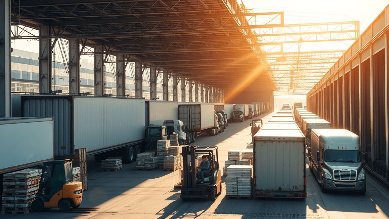 Freight trucks and forklifts at a busy shipping dock.
