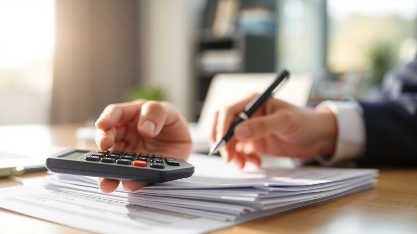 Mână cu calculator și acte financiare