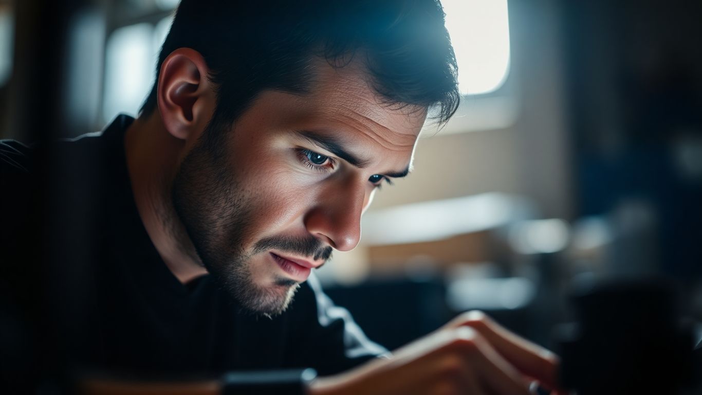 Person intensely focused on a task with clear light.