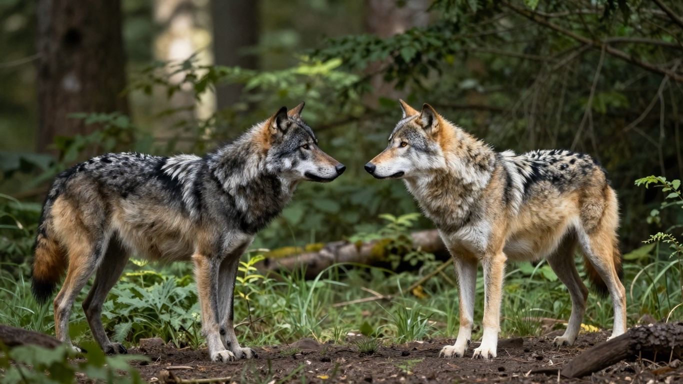 Zwei Wölfe im Wald, bereit zum Kampf.